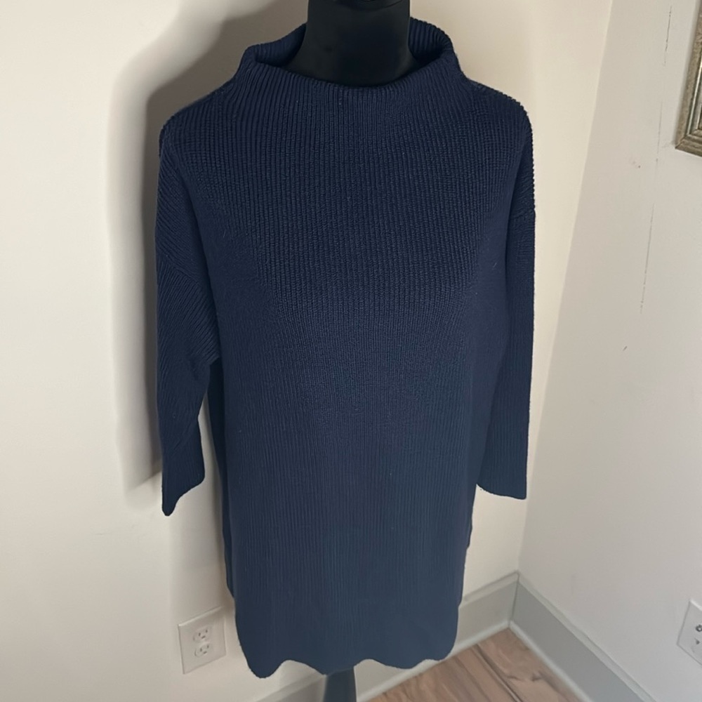 Chico’s Blue ribbed mock neck tunic sweater relaxed oversized sz LP Chico’s 2P